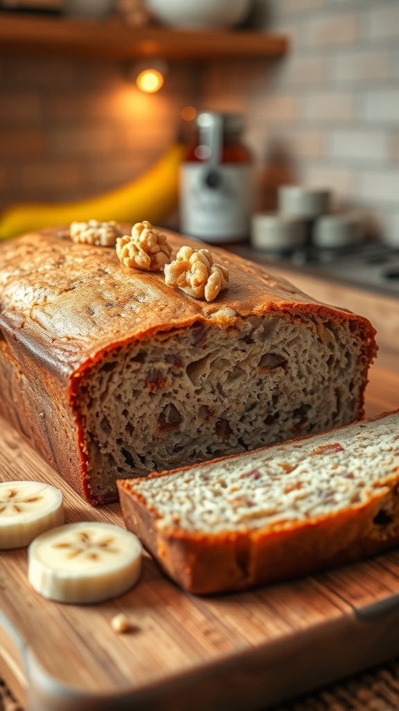 A loaf of banana bread sliced on a cutting board, showcasing its moist texture and banana pieces, surrounded by banana slices and walnuts.